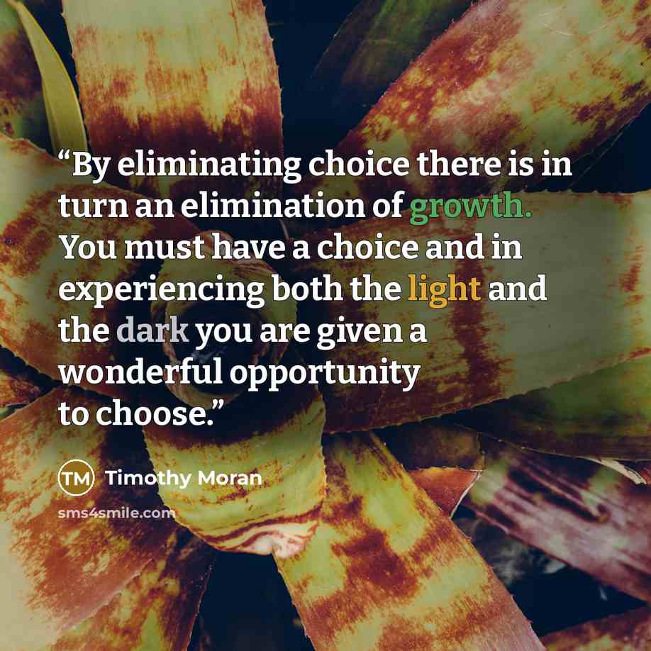 “By eliminating choice there is in turn an elimination of growth. You must have a choice and in experiencing both the light and the dark you are given a wonderful opportunity to choose.” quote by Timothy Moran