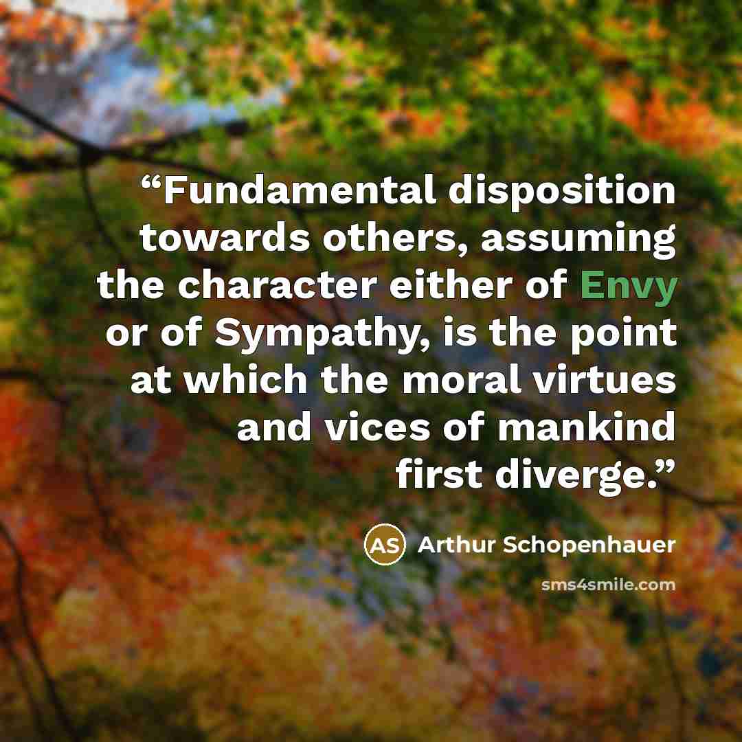 “Fundamental disposition towards others, assuming the character either of Envy or of Sympathy, is the point at which the moral virtues and vices of mankind first diverge.” quote by Arthur Schopenhauer