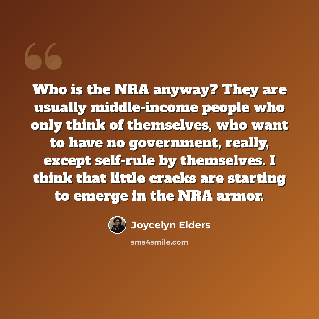 “Who is the NRA anyway? They are usually middle-income people who only think of themselves, who want to have no government, really, except self-rule by themselves. I think that little cracks are starting to emerge in the NRA armor.” quote by Joycelyn Elders
