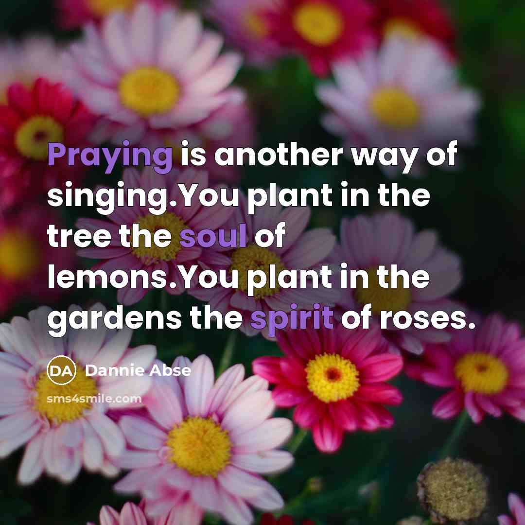 “Praying is another way of singing.You plant in the tree the soul of lemons.You plant in the gardens the spirit of roses.” quote by Dannie Abse