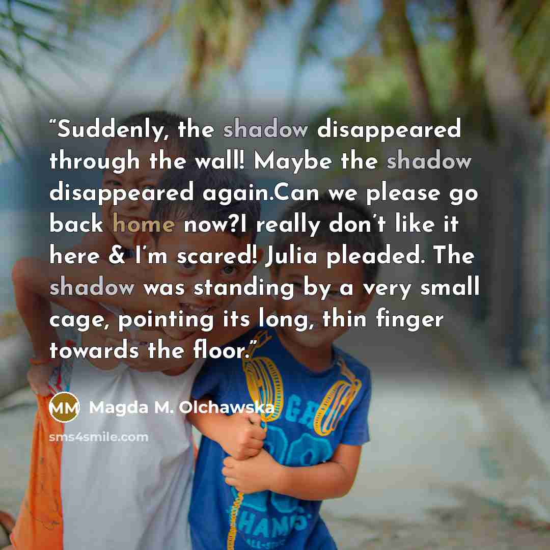 “Suddenly, the shadow disappeared through the wall! Maybe the shadow disappeared again.Can we please go back home now?I really don’t like it here & I’m scared! Julia pleaded. The shadow was standing by a very small cage, pointing its long, thin finger towards the floor.” quote by Magda M. Olchawska