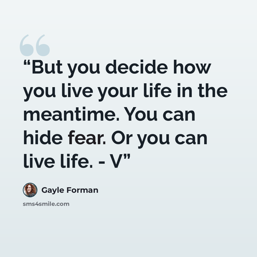 “But you decide how you live your life in the meantime. You can hide fear. Or you can live life. - V” quote by Gayle Forman
