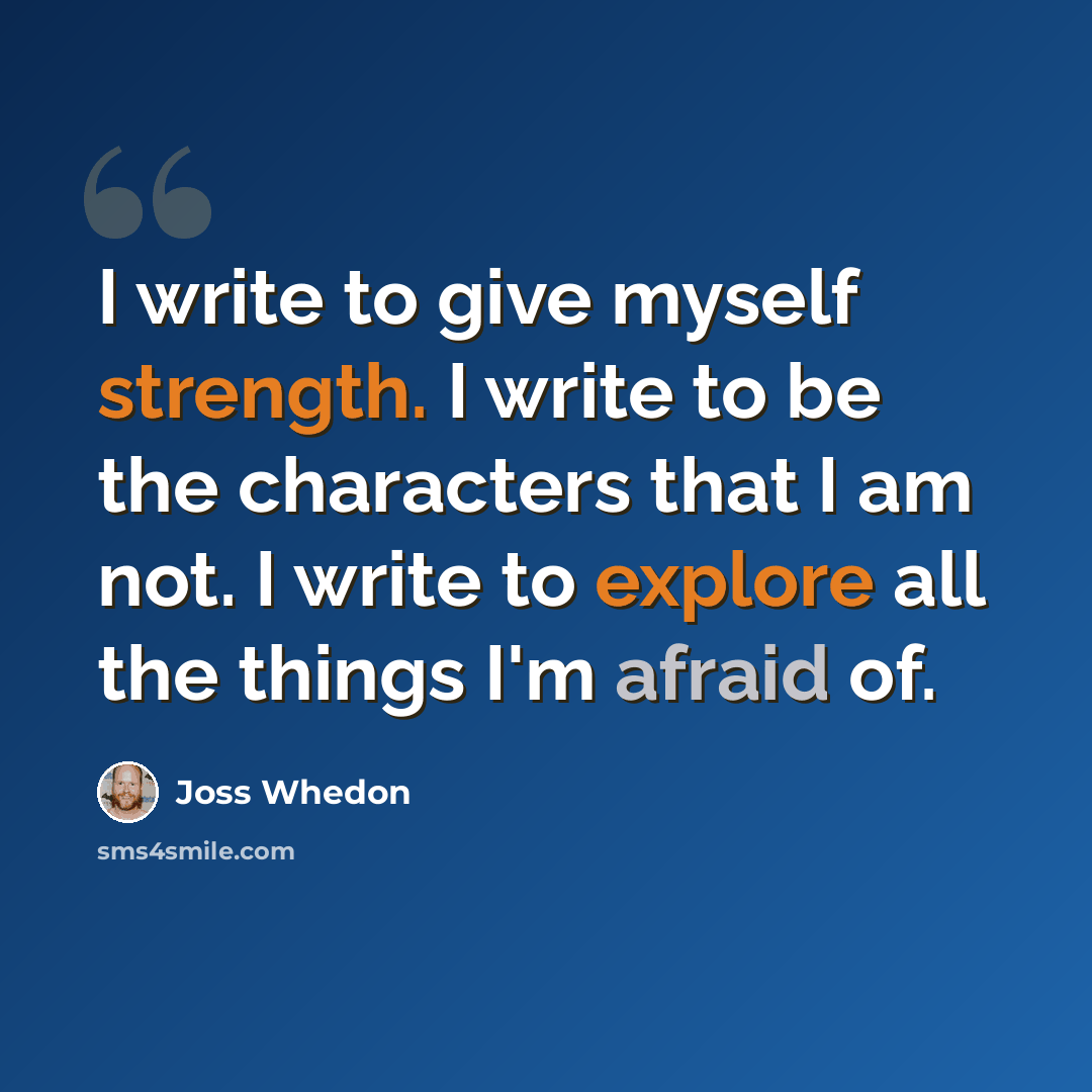 “I write to give myself strength. I write to be the characters that I am not. I write to explore all the things I'm afraid of.” quote by Joss Whedon