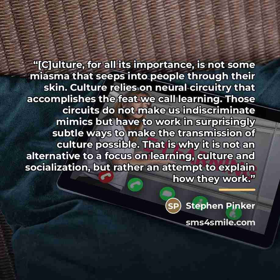 “[C]ulture, for all its importance, is not some miasma that seeps into people through their skin. Culture relies on neural circuitry that accomplishes the feat we call learning. Those circuits do not make us indiscriminate mimics but have to work in surprisingly subtle ways to make the transmission…” quote by Stephen Pinker