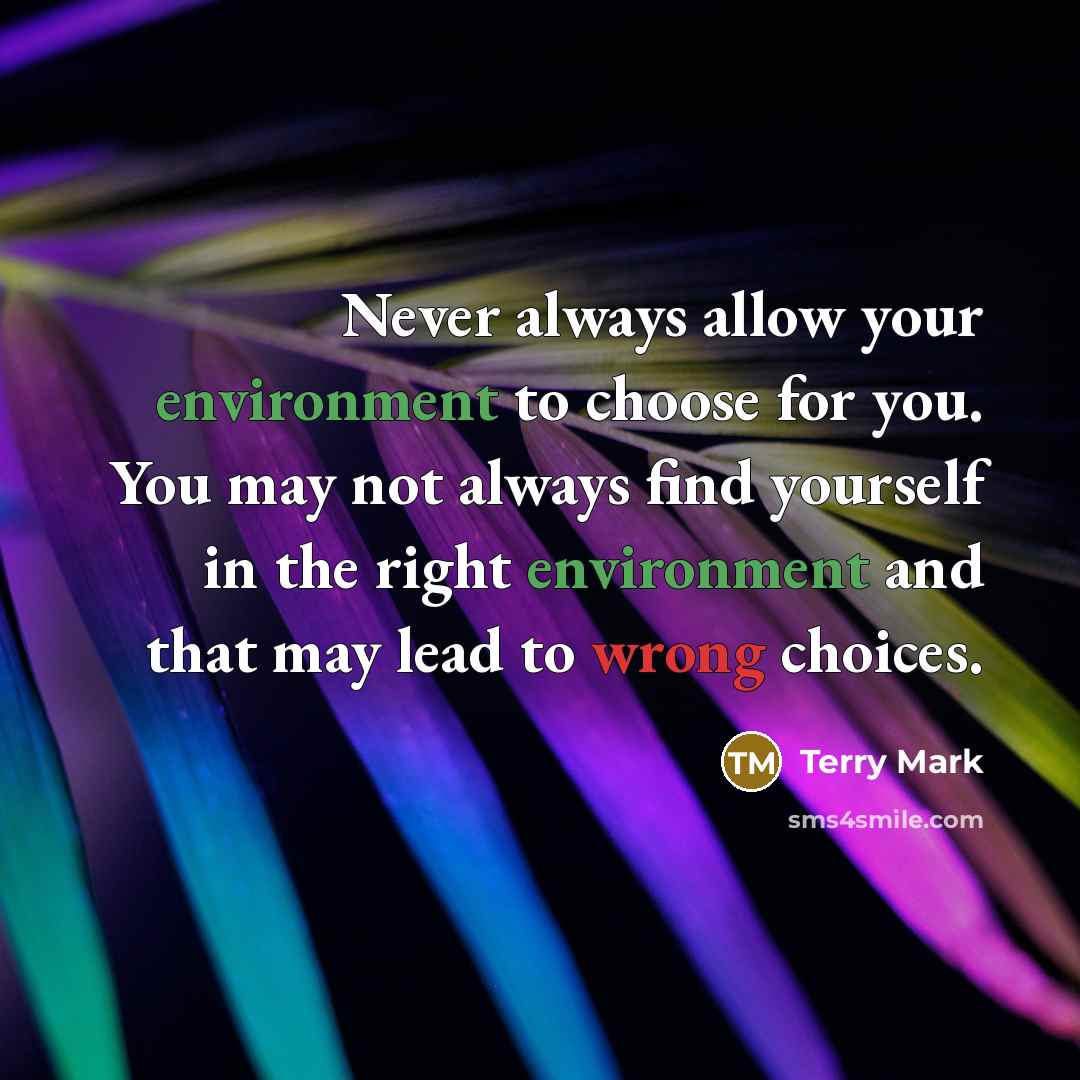 “Never always allow your environment to choose for you. You may not always find yourself in the right environment and that may lead to wrong choices.” quote by Terry Mark