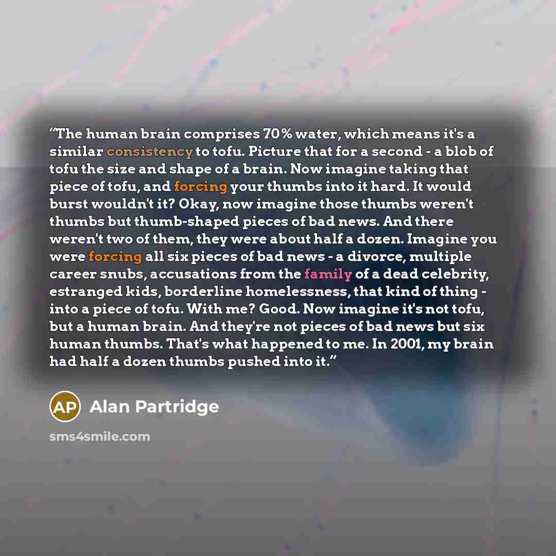 “The human brain comprises 70% water, which means it's a similar consistency to tofu. Picture that for a second - a blob of tofu the size and shape of a brain. Now imagine taking that piece of tofu, and forcing your thumbs into it hard. It would burst wouldn't it? Okay, now imagine those thumbs…” quote by Alan Partridge