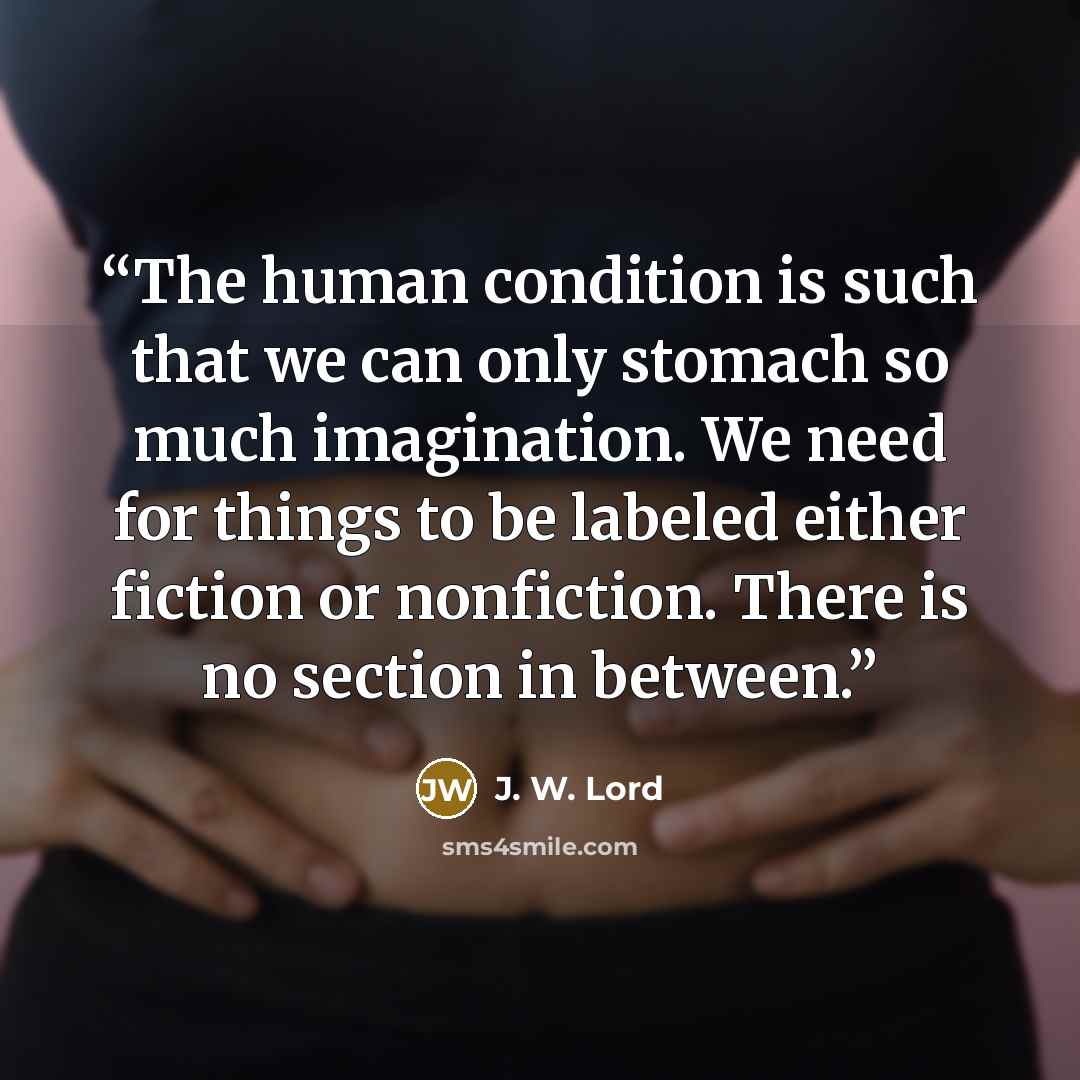 “The human condition is such that we can only stomach so much imagination. We need for things to be labeled either fiction or nonfiction. There is no section in between.” quote by J. W. Lord
