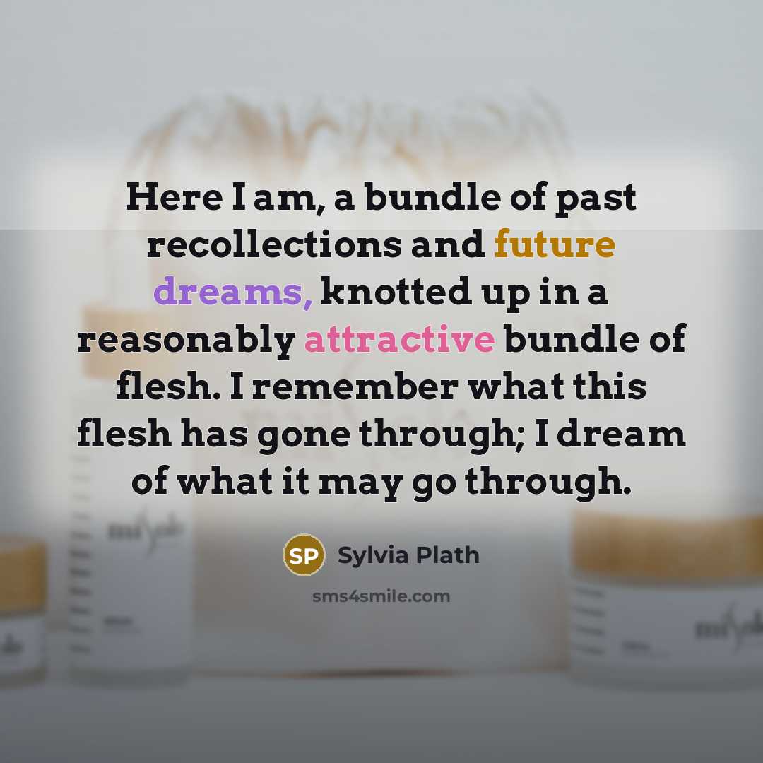 “Here I am, a bundle of past recollections and future dreams, knotted up in a reasonably attractive bundle of flesh. I remember what this flesh has gone through; I dream of what it may go through.” quote by Sylvia Plath