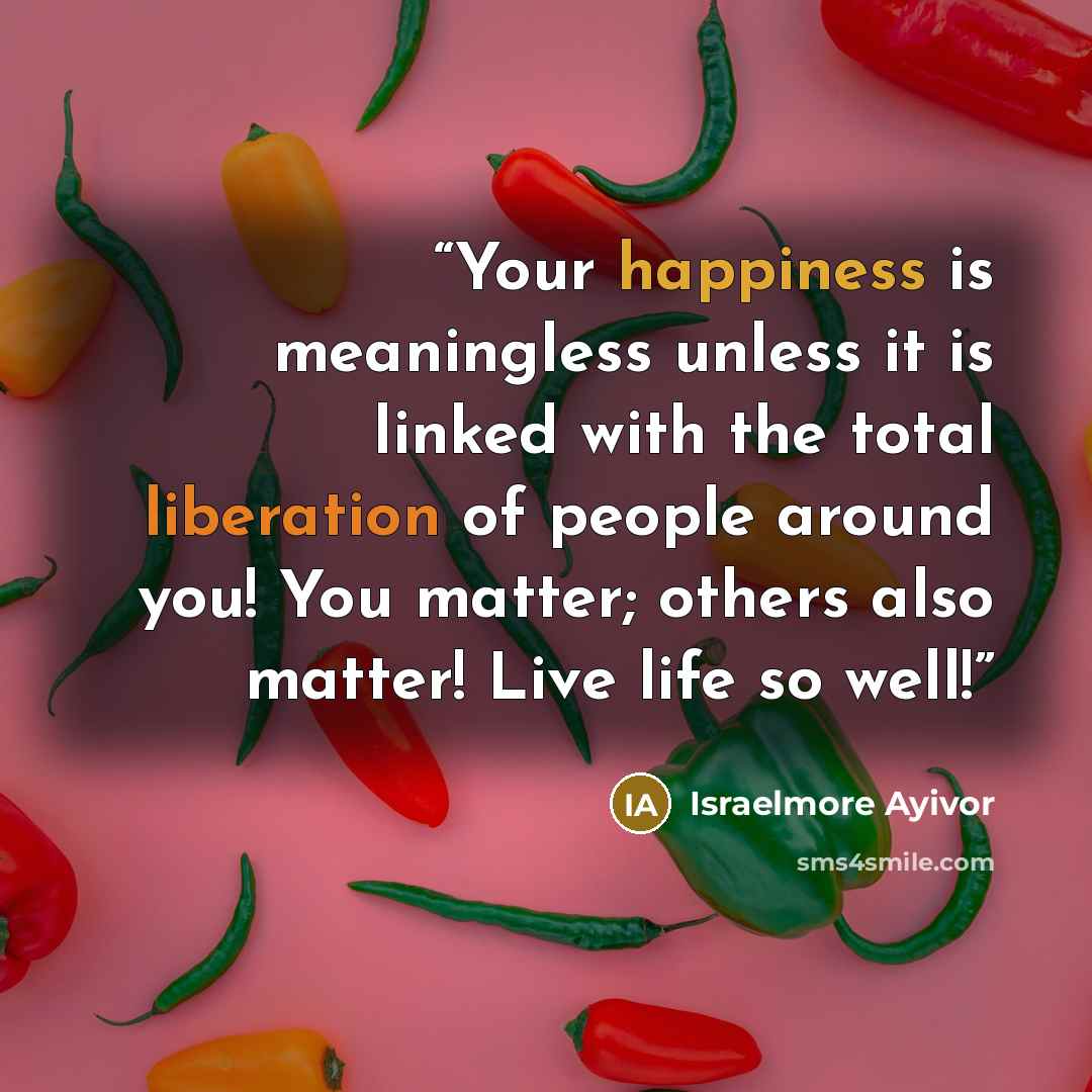 “Your happiness is meaningless unless it is linked with the total liberation of people around you! You matter; others also matter! Live life so well!” quote by Israelmore Ayivor