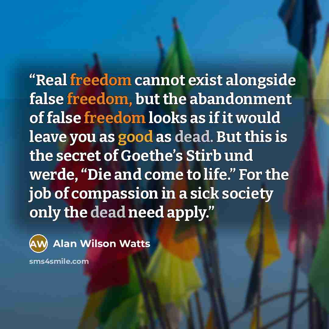 “Real freedom cannot exist alongside false freedom, but the abandonment of false freedom looks as if it would leave you as good as dead. But this is the secret of Goethe’s Stirb und werde, “Die and come to life.” For the job of compassion in a sick society only the dead need apply.” quote by Alan Wilson Watts