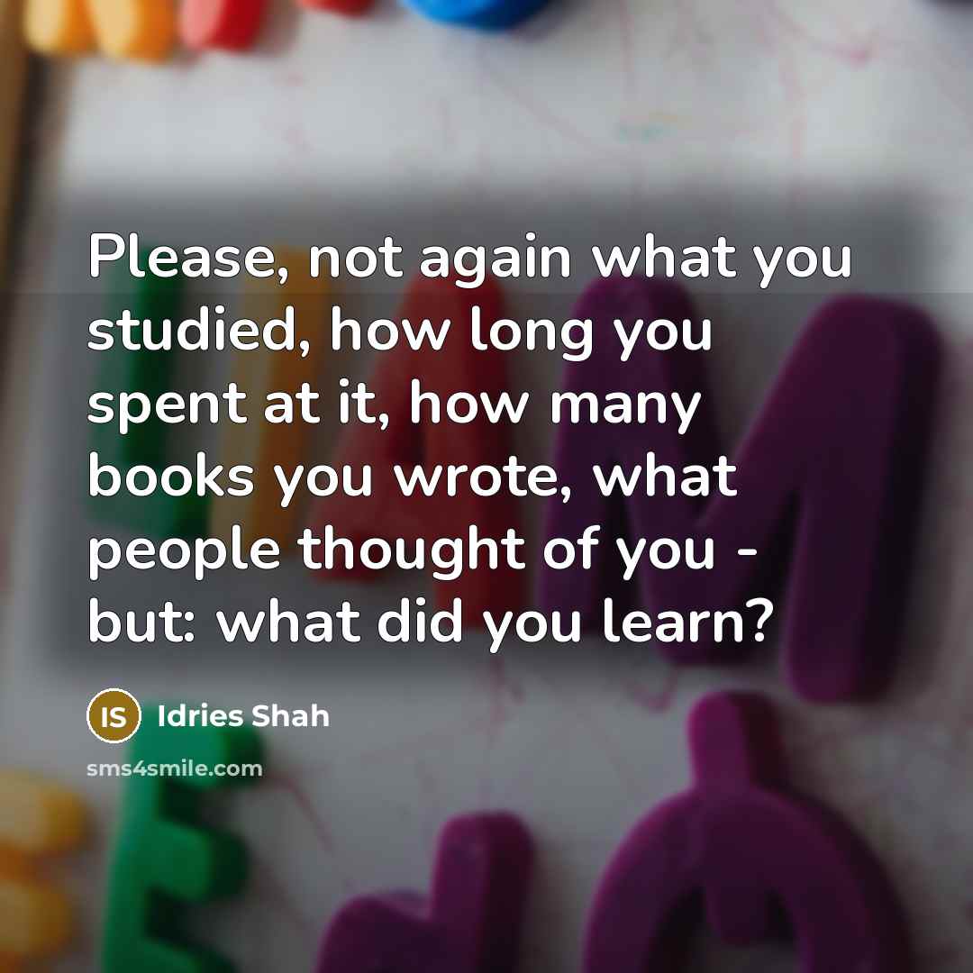 “Please, not again what you studied, how long you spent at it, how many books you wrote, what people thought of you - but: what did you learn?” quote by Idries Shah