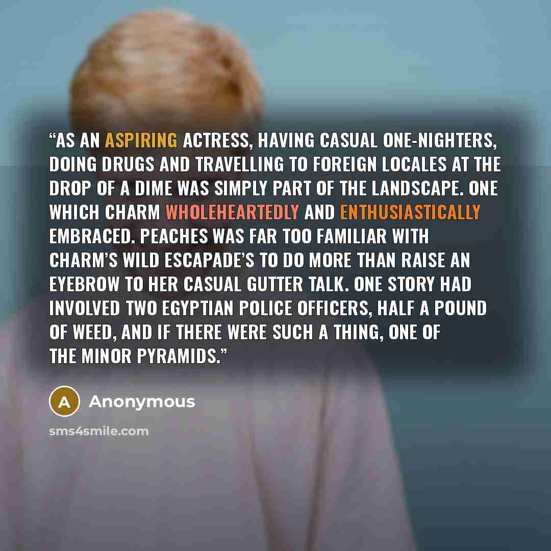 “As an aspiring actress, having casual one-nighters, doing drugs and travelling to foreign locales at the drop of a dime was simply part of the landscape. One which Charm wholeheartedly and enthusiastically embraced. Peaches was far too familiar with Charm’s wild escapade’s to do more than raise an…” quote by Anonymous