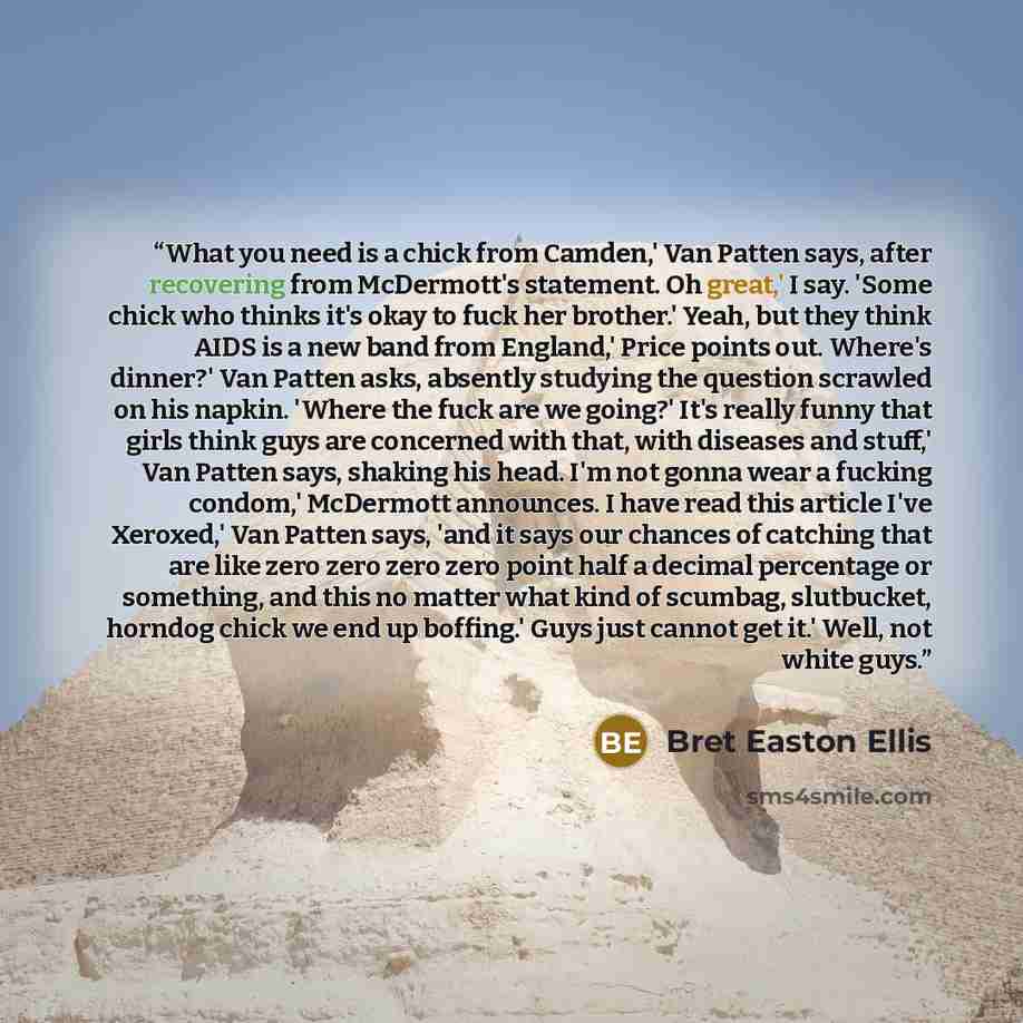 “What you need is a chick from Camden,' Van Patten says, after recovering from McDermott's statement. Oh great,' I say. 'Some chick who thinks it's okay to fuck her brother.' Yeah, but they think AIDS is a new band from England,' Price points out. Where's dinner?' Van Patten asks, absently studying…” quote by Bret Easton Ellis