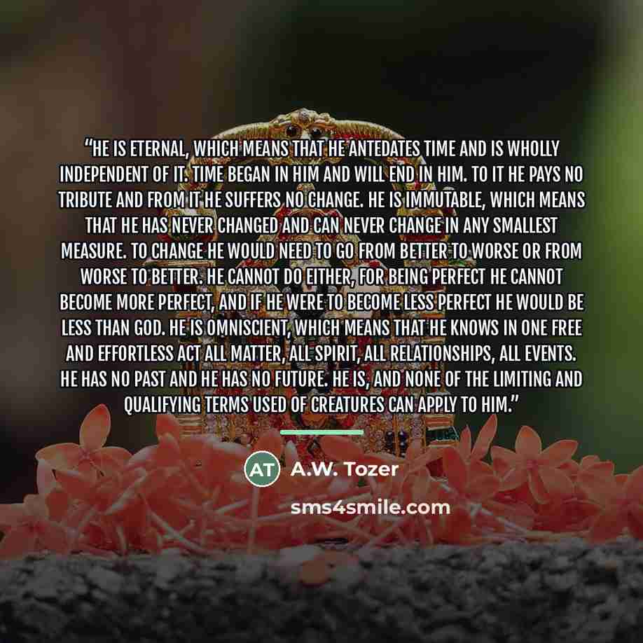 “He is ETERNAL, which means that He antedates time and is wholly independent of it. Time began in Him and will end in Him. To it He pays no tribute and from it He suffers no change. He is IMMUTABLE, which means that He has never changed and can never change in any smallest measure. To change He…” quote by A.W. Tozer