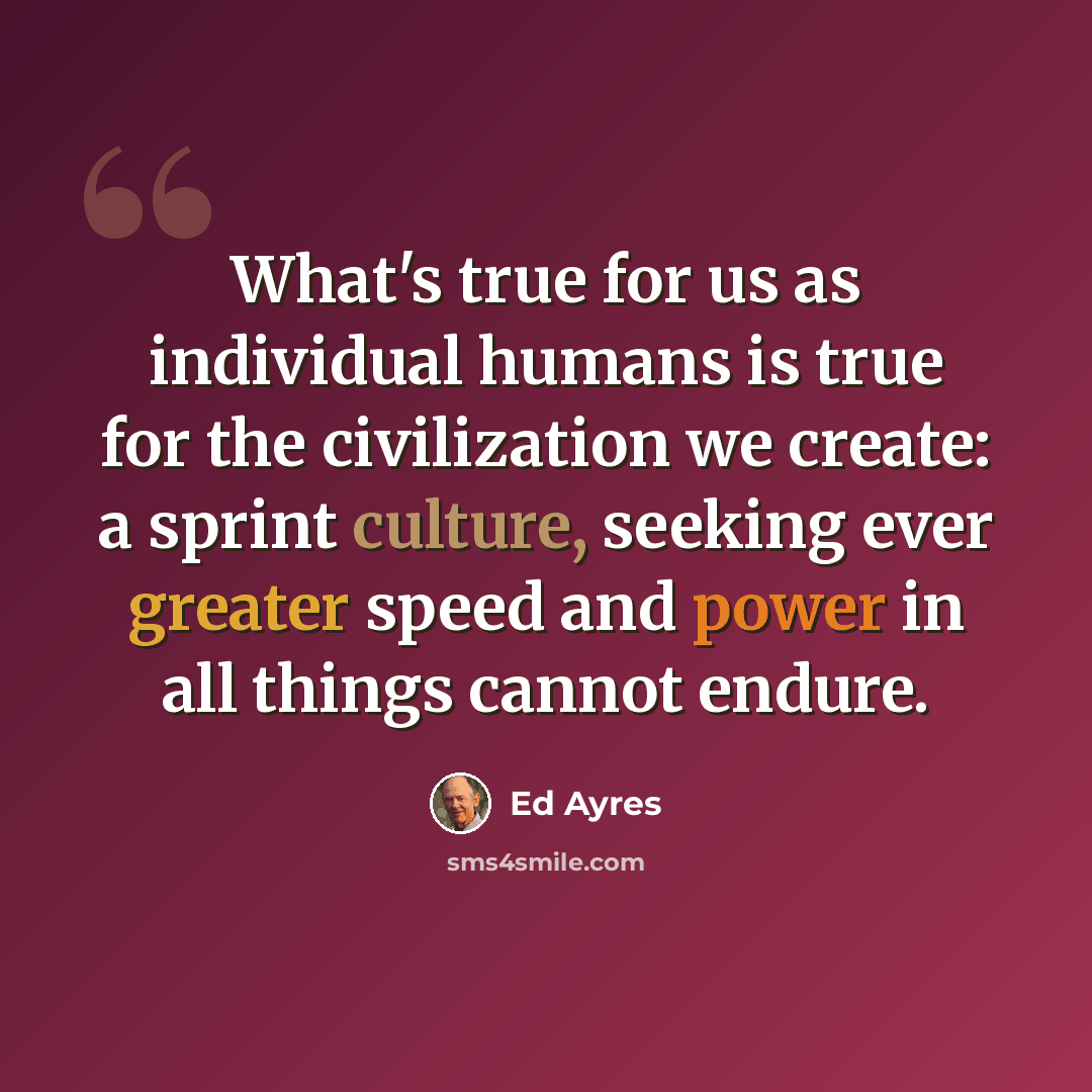 “What's true for us as individual humans is true for the civilization we create: a sprint culture, seeking ever greater speed and power in all things cannot endure.” quote by Ed Ayres