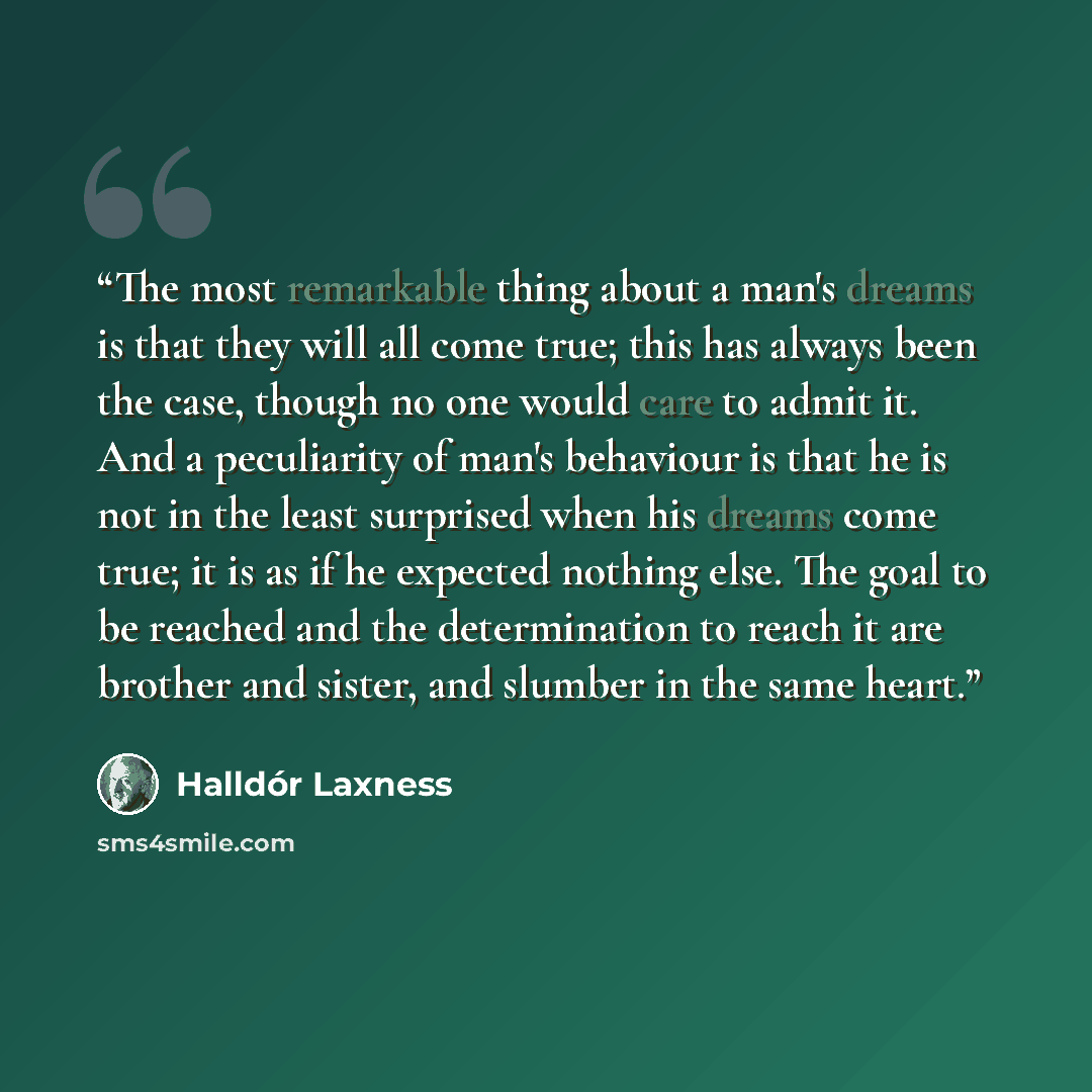 “The most remarkable thing about a man's dreams is that they will all come true; this has always been the case, though no one would care to admit it. And a peculiarity of man's behaviour is that he is not in the least surprised when his dreams come true; it is as if he expected nothing else. The…” quote by Halldór Laxness