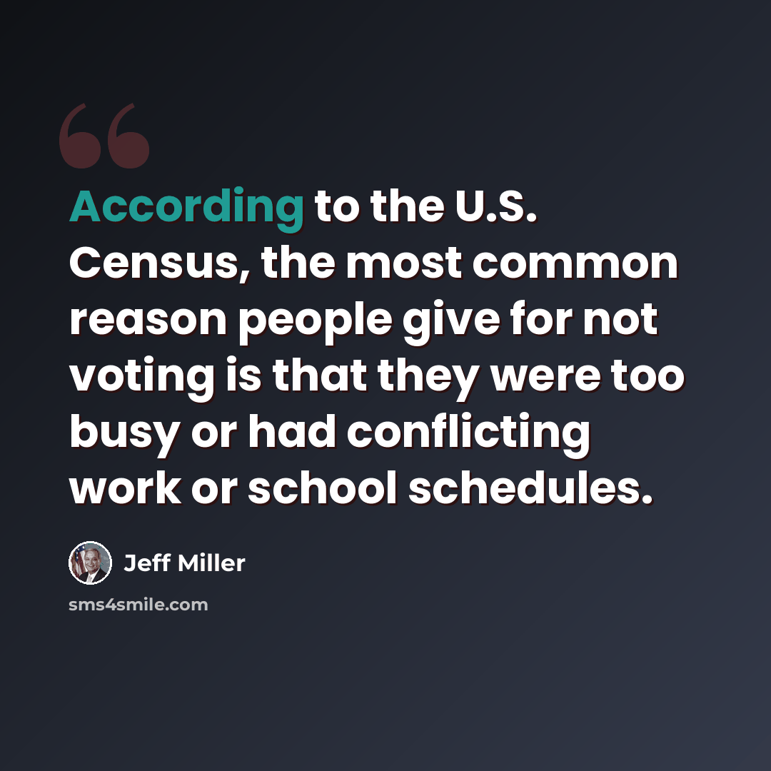 “According to the U.S. Census, the most common reason people give for not voting is that they were too busy or had conflicting work or school schedules.” quote by Jeff Miller