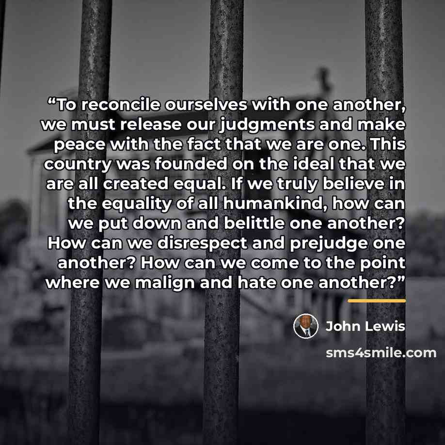 “To reconcile ourselves with one another, we must release our judgments and make peace with the fact that we are one. This country was founded on the ideal that we are all created equal. If we truly believe in the equality of all humankind, how can we put down and belittle one another? How can we…” quote by John Lewis