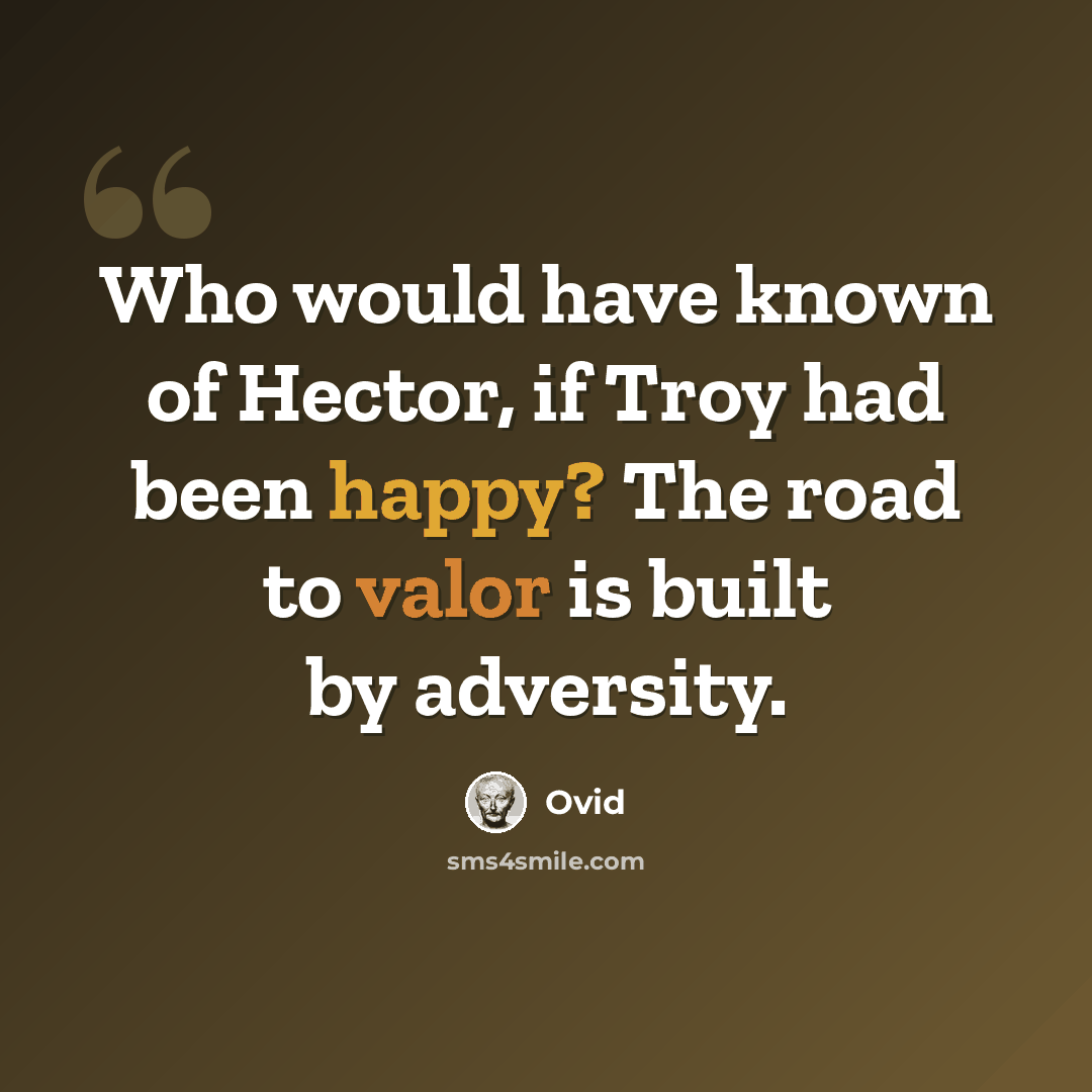 “Who would have known of Hector, if Troy had been happy? The road to valor is built by adversity.” quote by Ovid