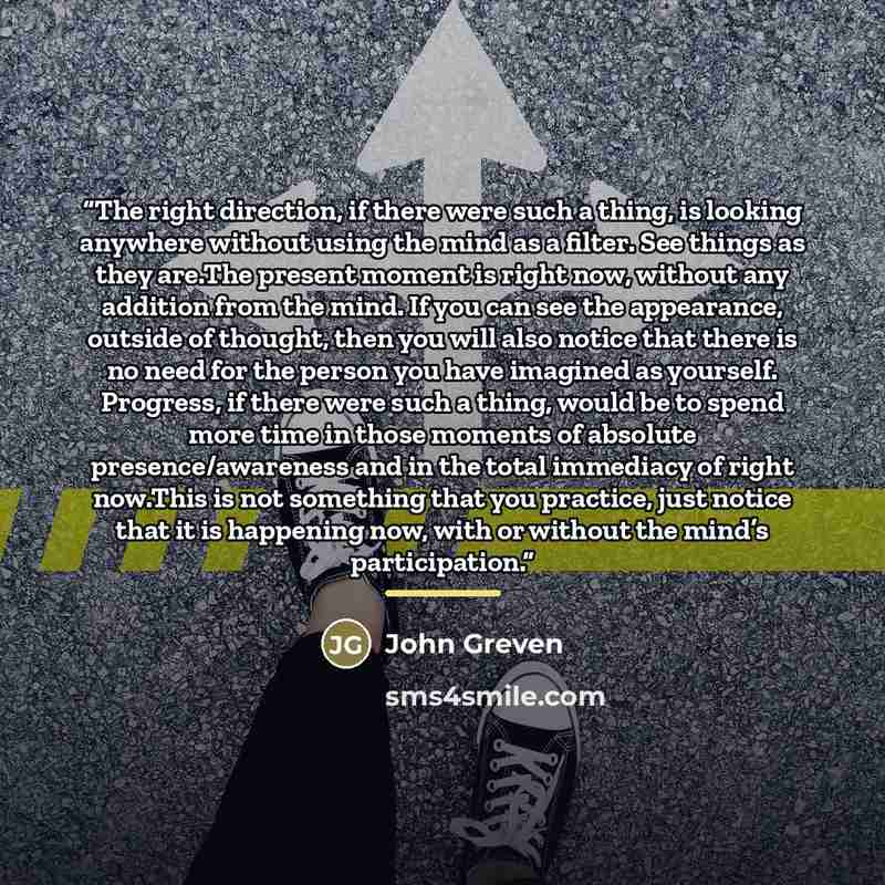 “The right direction, if there were such a thing, is looking anywhere without using the mind as a filter. See things as they are.The present moment is right now, without any addition from the mind. If you can see the appearance, outside of thought, then you will also notice that there is no need…” quote by John Greven
