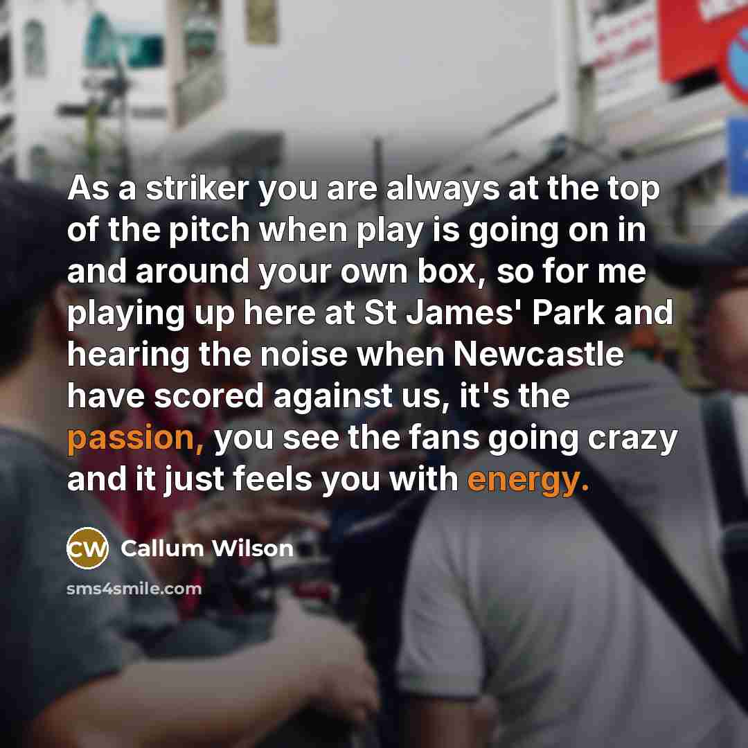 “As a striker you are always at the top of the pitch when play is going on in and around your own box, so for me playing up here at St James' Park and hearing the noise when Newcastle have scored against us, it's the passion, you see the fans going crazy and it just feels you with energy.” quote by Callum Wilson