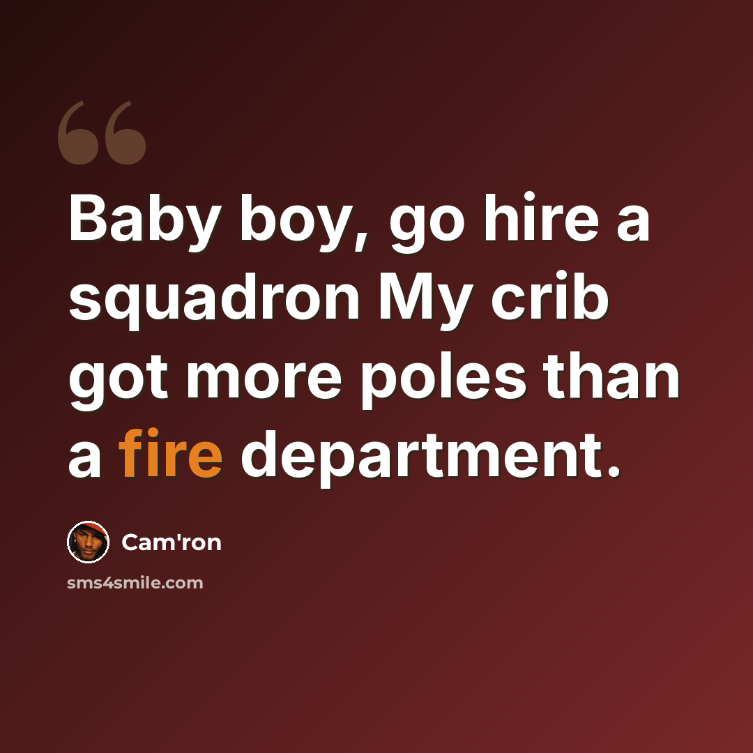 “Baby boy, go hire a squadron My crib got more poles than a fire department.” quote by Cam'ron