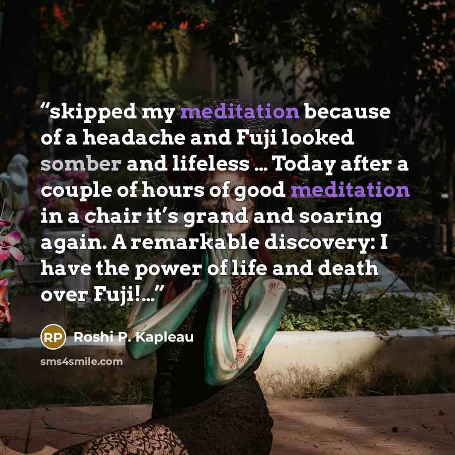 “skipped my meditation because of a headache and Fuji looked somber and lifeless … Today after a couple of hours of good meditation in a chair it’s grand and soaring again. A remarkable discovery: I have the power of life and death over Fuji!…” quote by Roshi P. Kapleau