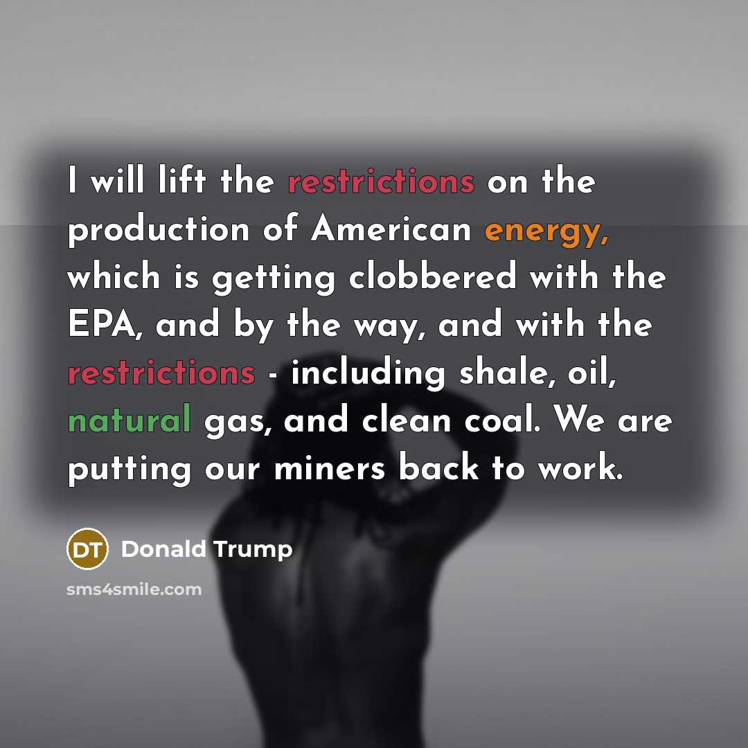 “I will lift the restrictions on the production of American energy, which is getting clobbered with the EPA, and by the way, and with the restrictions - including shale, oil, natural gas, and clean coal. We are putting our miners back to work.” quote by Donald Trump