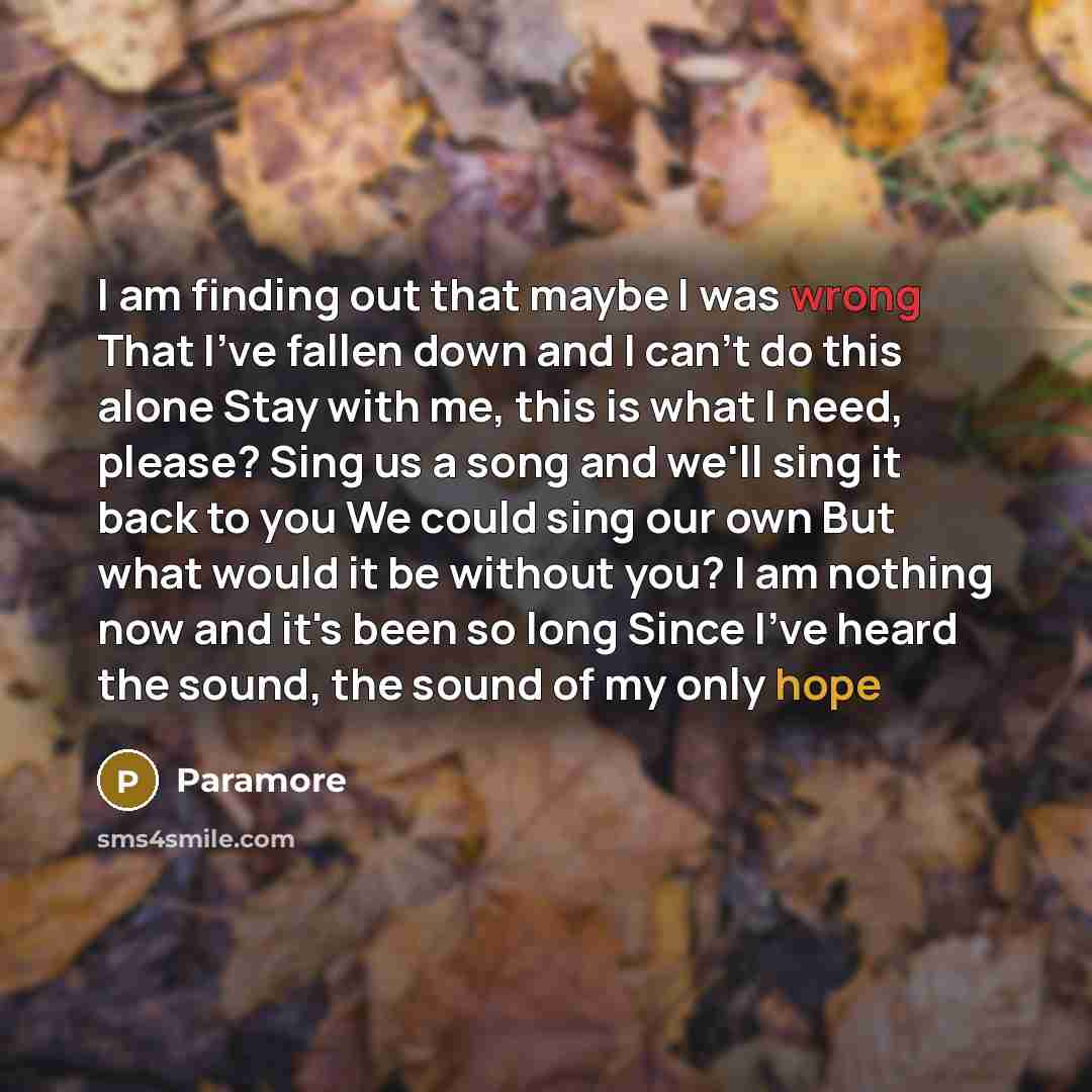 “I am finding out that maybe I was wrong That I've fallen down and I can't do this alone Stay with me, this is what I need, please? Sing us a song and we'll sing it back to you We could sing our own But what would it be without you? I am nothing now and it's been so long Since I've heard the sound…” quote by Paramore
