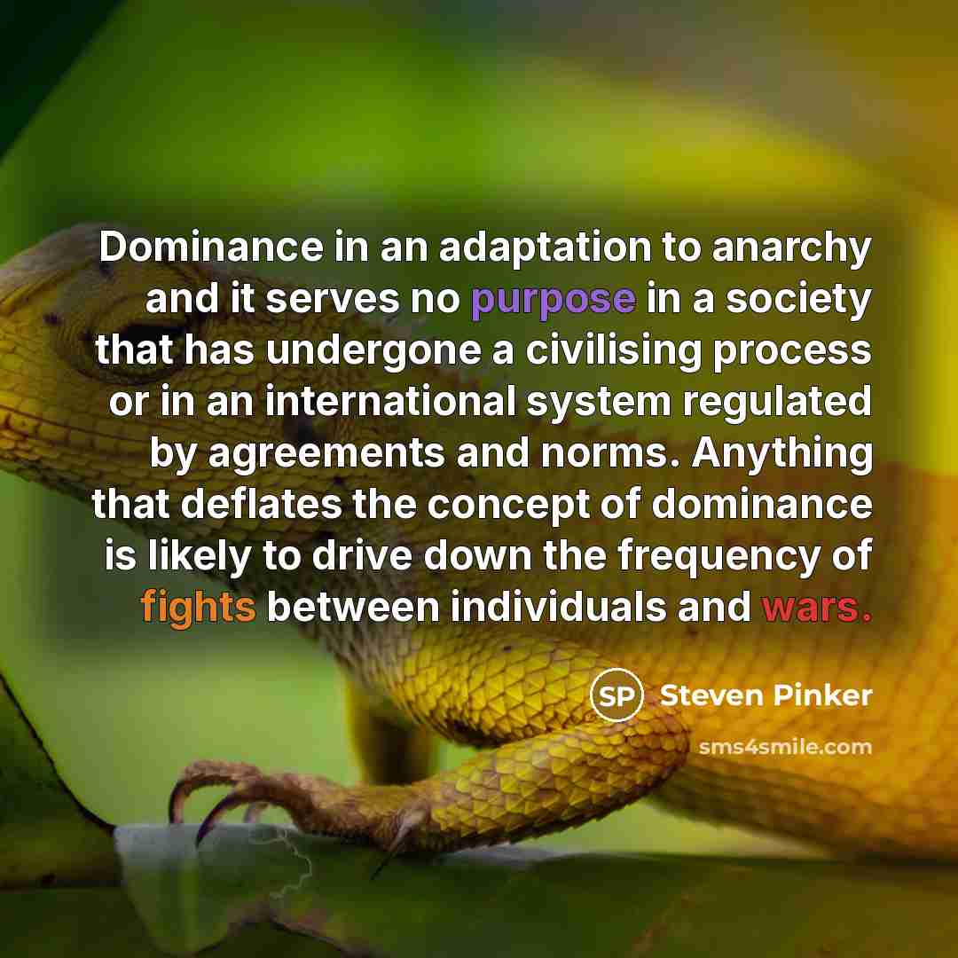 “Dominance in an adaptation to anarchy and it serves no purpose in a society that has undergone a civilising process or in an international system regulated by agreements and norms. Anything that deflates the concept of dominance is likely to drive down the frequency of fights between individuals…” quote by Steven Pinker