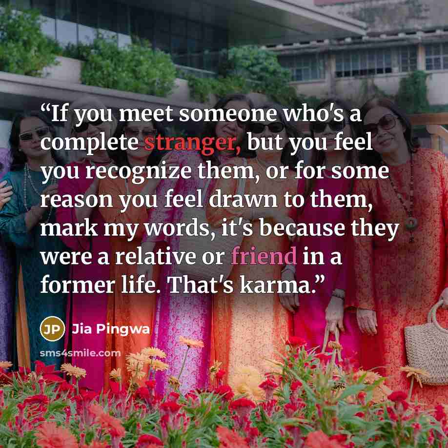 “If you meet someone who's a complete stranger, but you feel you recognize them, or for some reason you feel drawn to them, mark my words, it's because they were a relative or friend in a former life. That's karma.” quote by Jia Pingwa