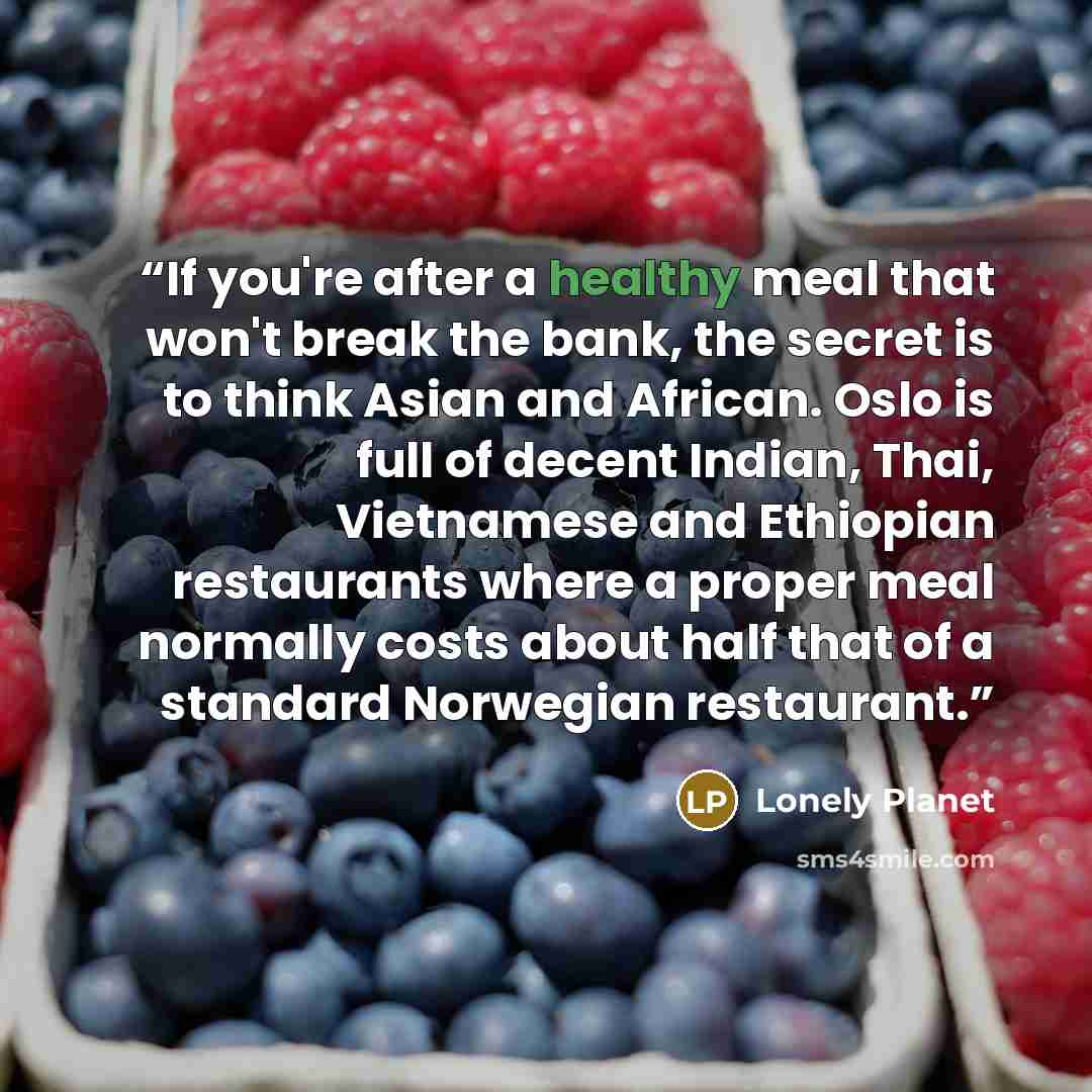 “If you're after a healthy meal that won't break the bank, the secret is to think Asian and African. Oslo is full of decent Indian, Thai, Vietnamese and Ethiopian restaurants where a proper meal normally costs about half that of a standard Norwegian restaurant.” quote by Lonely Planet