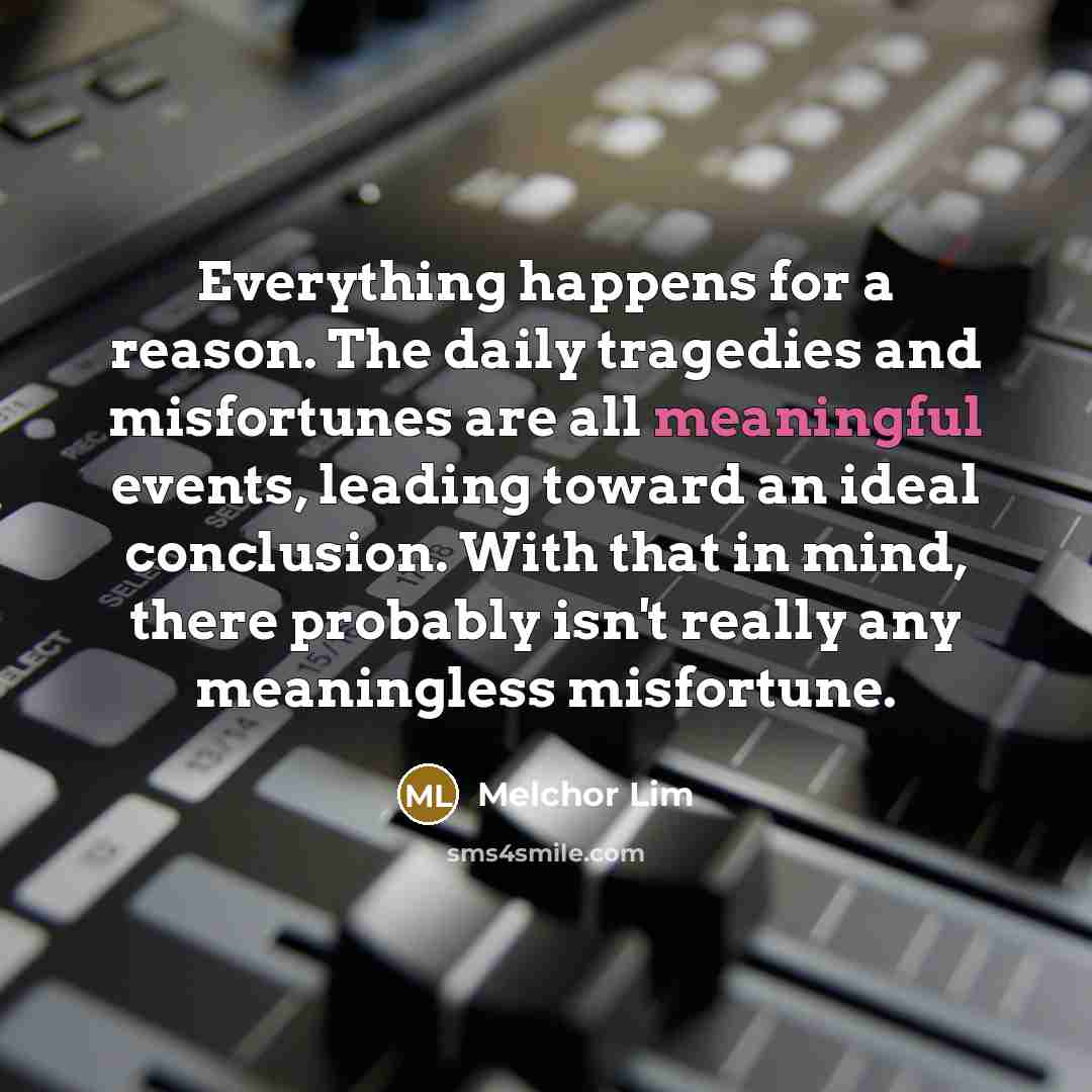 “Everything happens for a reason. The daily tragedies and misfortunes are all meaningful events, leading toward an ideal conclusion. With that in mind, there probably isn't really any meaningless misfortune.” quote by Melchor Lim