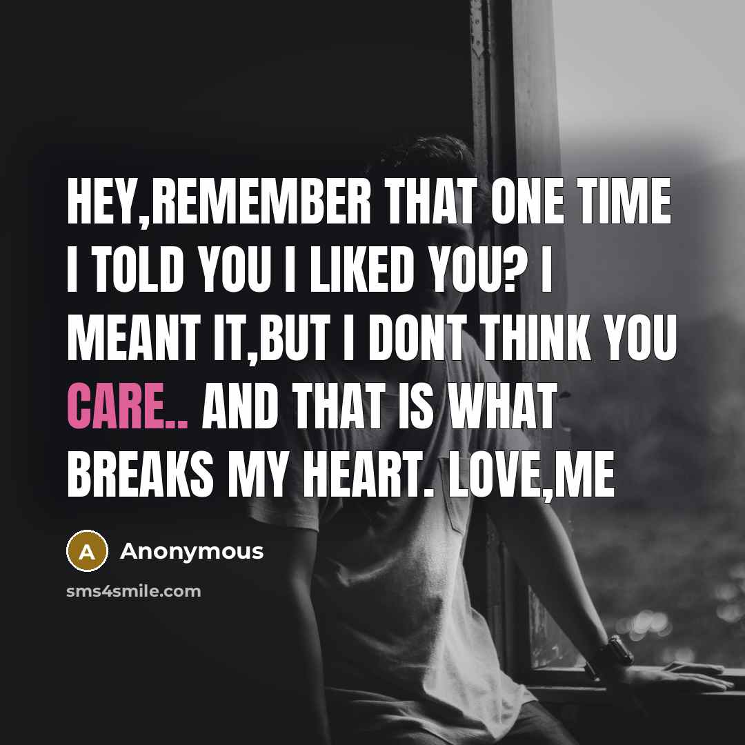 “Hey,remember that one time I told you I liked you? I meant it,but I dont think you care.. and THAT is what breaks my heart. Love,Me” quote by Anonymous