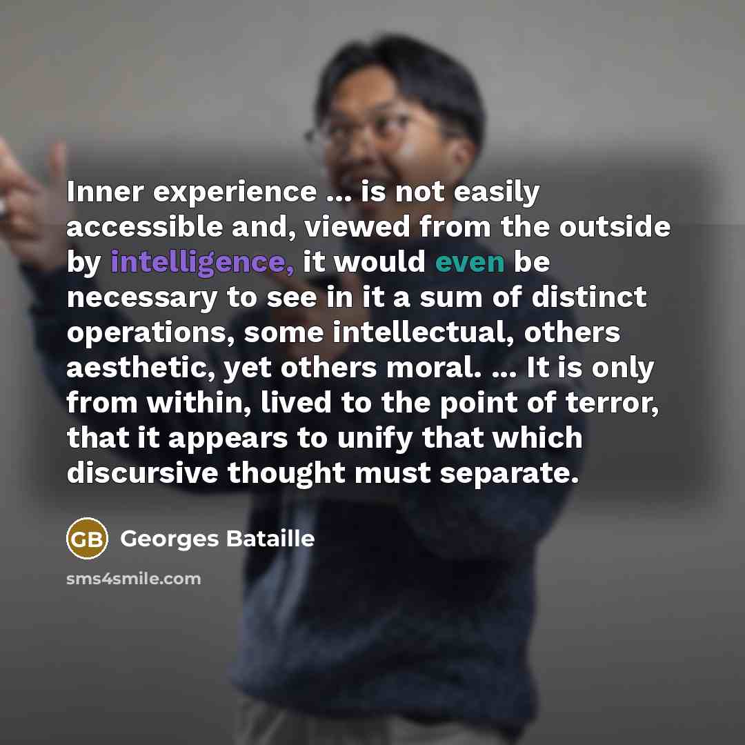 “Inner experience ... is not easily accessible and, viewed from the outside by intelligence, it would even be necessary to see in it a sum of distinct operations, some intellectual, others aesthetic, yet others moral. ... It is only from within, lived to the point of terror, that it appears to…” quote by Georges Bataille