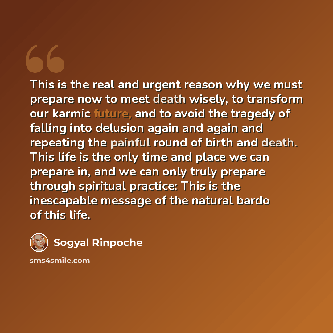 “This is the real and urgent reason why we must prepare now to meet death wisely, to transform our karmic future, and to avoid the tragedy of falling into delusion again and again and repeating the painful round of birth and death. This life is the only time and place we can prepare in, and we can…” quote by Sogyal Rinpoche