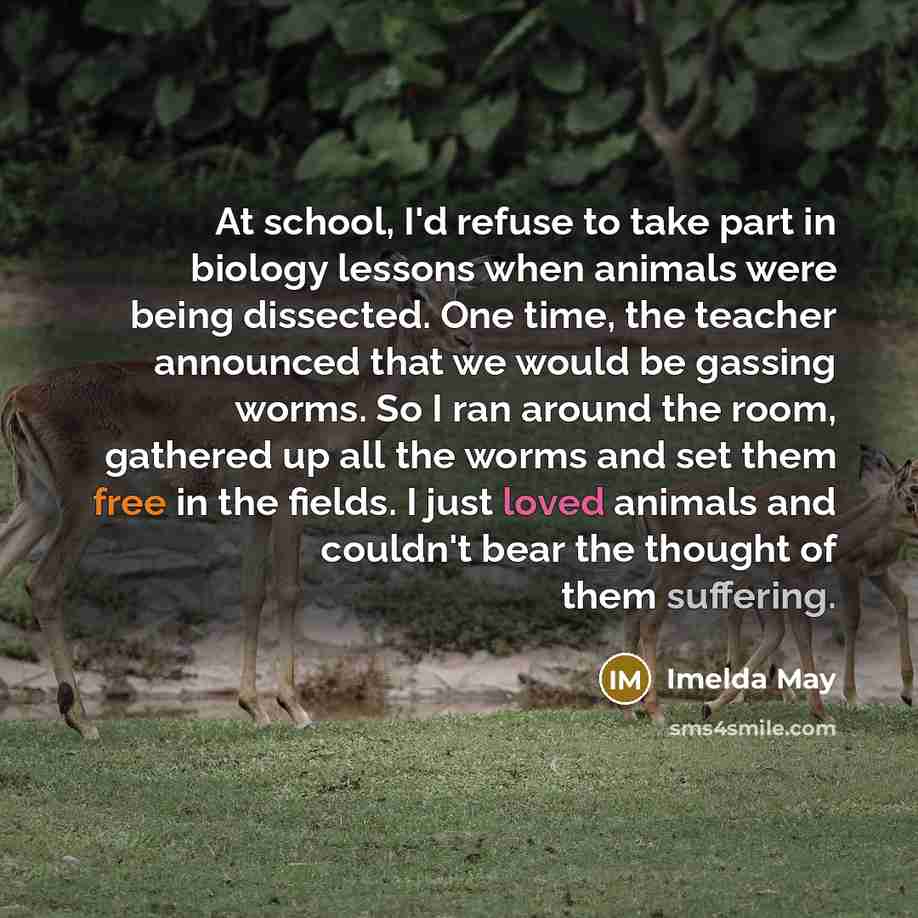 “At school, I'd refuse to take part in biology lessons when animals were being dissected. One time, the teacher announced that we would be gassing worms. So I ran around the room, gathered up all the worms and set them free in the fields. I just loved animals and couldn't bear the thought of them…” quote by Imelda May