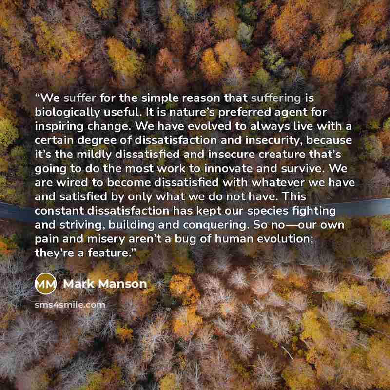 “We suffer for the simple reason that suffering is biologically useful. It is nature’s preferred agent for inspiring change. We have evolved to always live with a certain degree of dissatisfaction and insecurity, because it’s the mildly dissatisfied and insecure creature that’s going to do the most…” quote by Mark Manson
