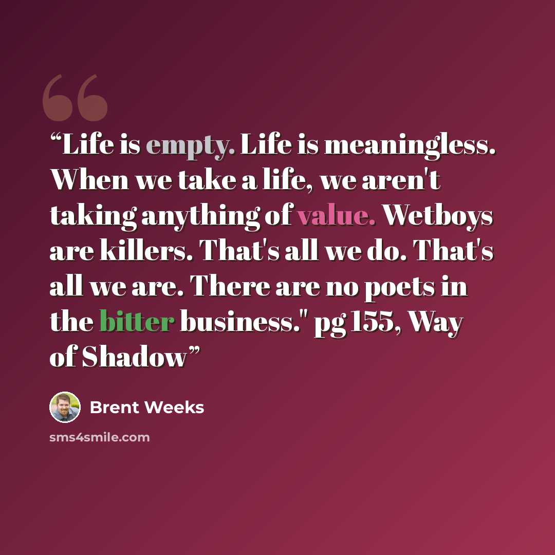 “Life is empty. Life is meaningless. When we take a life, we aren't taking anything of value. Wetboys are killers. That's all we do. That's all we are. There are no poets in the bitter business." pg 155, Way of Shadow” quote by Brent weeks