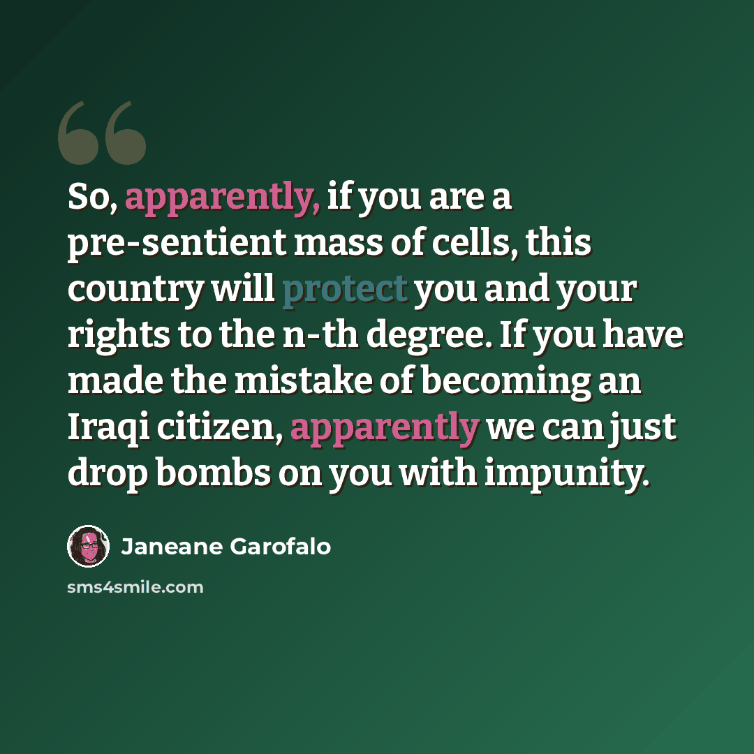 “So, apparently, if you are a pre-sentient mass of cells, this country will protect you and your rights to the n-th degree. If you have made the mistake of becoming an Iraqi citizen, apparently we can just drop bombs on you with impunity.” quote by Janeane Garofalo