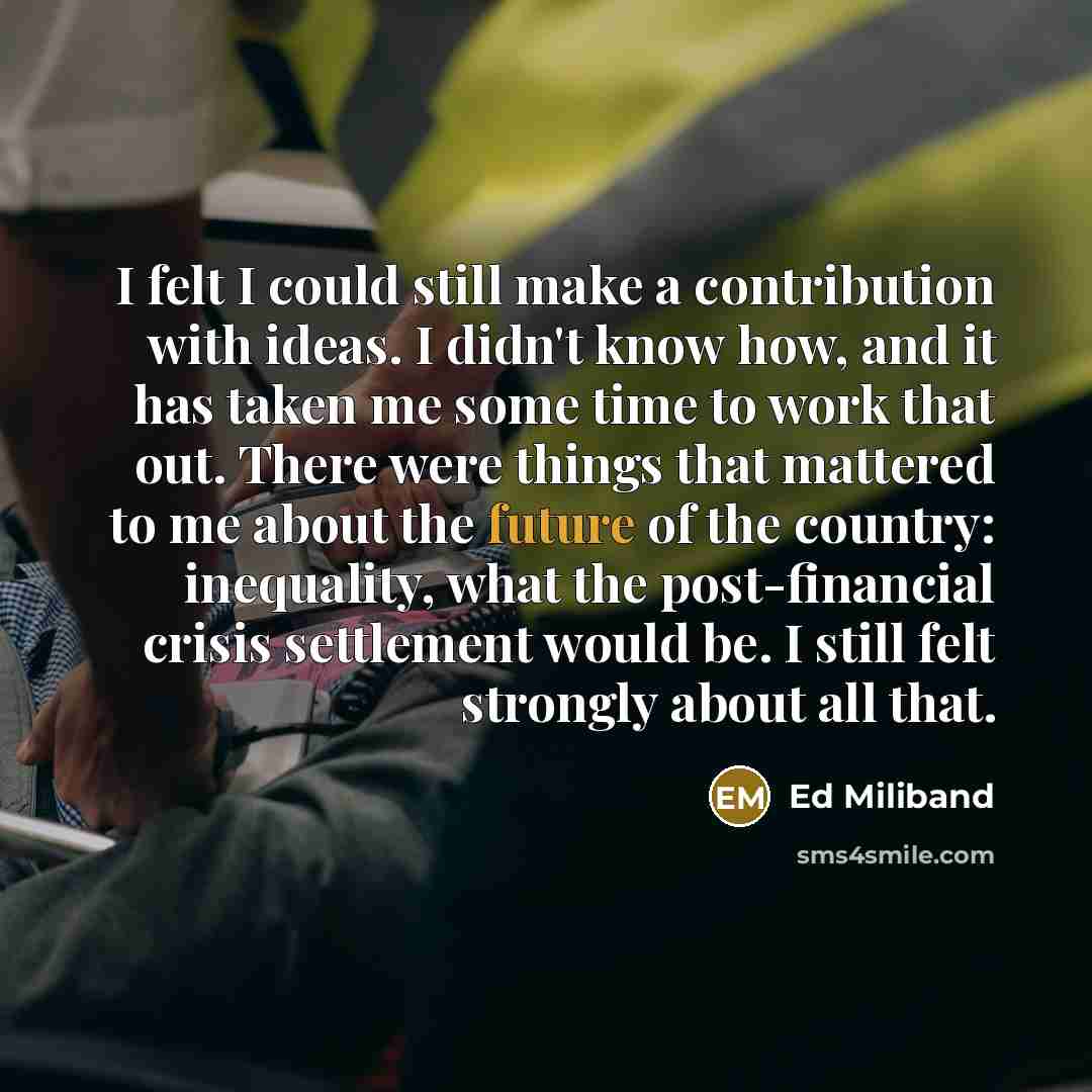 “I felt I could still make a contribution with ideas. I didn't know how, and it has taken me some time to work that out. There were things that mattered to me about the future of the country: inequality, what the post-financial crisis settlement would be. I still felt strongly about all that.” quote by Ed Miliband