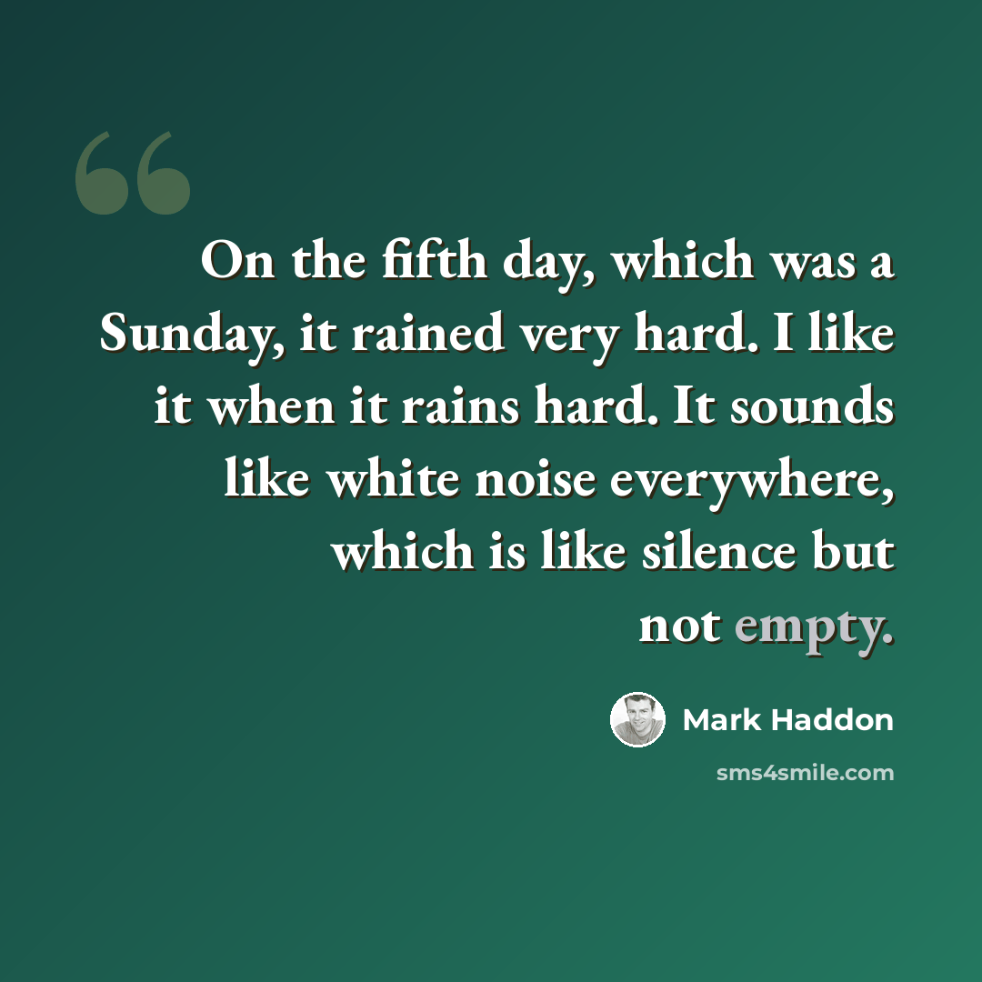 “On the fifth day, which was a Sunday, it rained very hard. I like it when it rains hard. It sounds like white noise everywhere, which is like silence but not empty.” quote by Mark Haddon