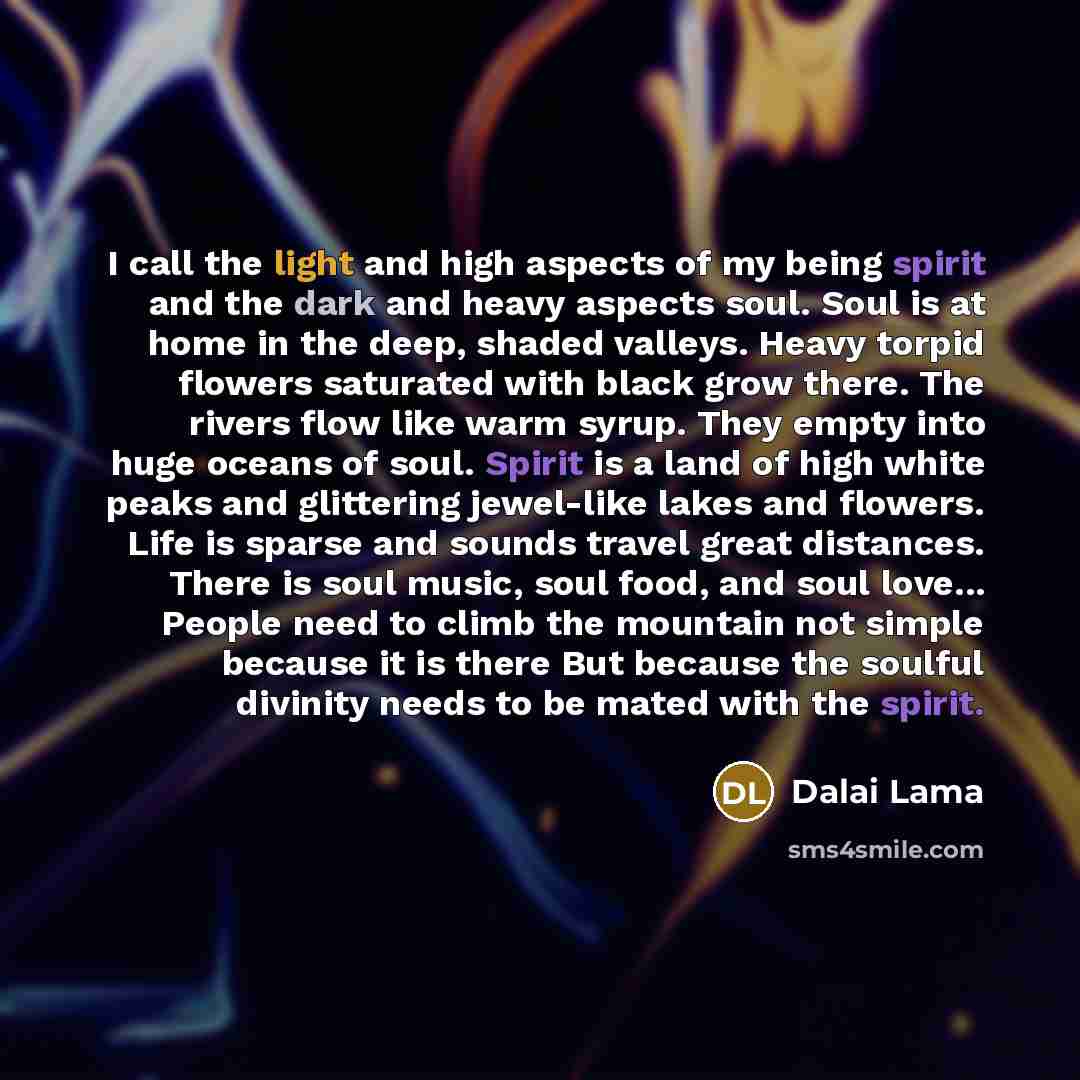 “I call the light and high aspects of my being spirit and the dark and heavy aspects soul. Soul is at home in the deep, shaded valleys. Heavy torpid flowers saturated with black grow there. The rivers flow like warm syrup. They empty into huge oceans of soul. Spirit is a land of high white peaks…” quote by Dalai Lama