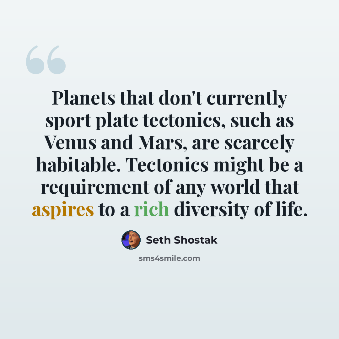 “Planets that don't currently sport plate tectonics, such as Venus and Mars, are scarcely habitable. Tectonics might be a requirement of any world that aspires to a rich diversity of life.” quote by Seth Shostak