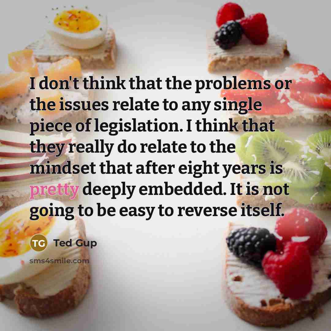 “I don't think that the problems or the issues relate to any single piece of legislation. I think that they really do relate to the mindset that after eight years is pretty deeply embedded. It is not going to be easy to reverse itself.” quote by Ted Gup
