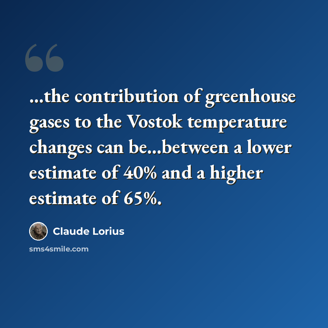 “...the contribution of greenhouse gases to the Vostok temperature changes can be...between a lower estimate of 40% and a higher estimate of 65%.” quote by Claude Lorius