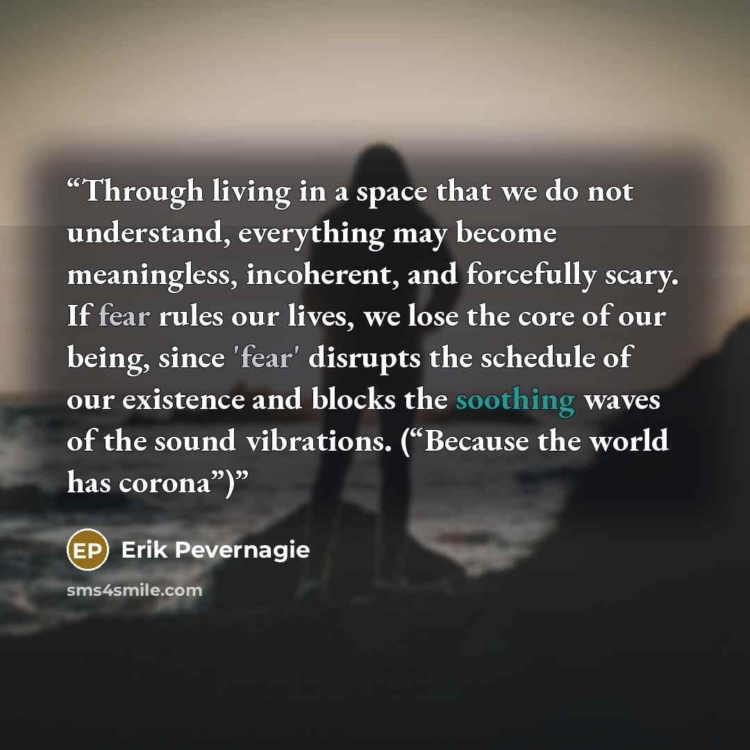 “Through living in a space that we do not understand, everything may become meaningless, incoherent, and forcefully scary. If fear rules our lives, we lose the core of our being, since 'fear' disrupts the schedule of our existence and blocks the soothing waves of the sound vibrations. (“Because the…” quote by Erik Pevernagie