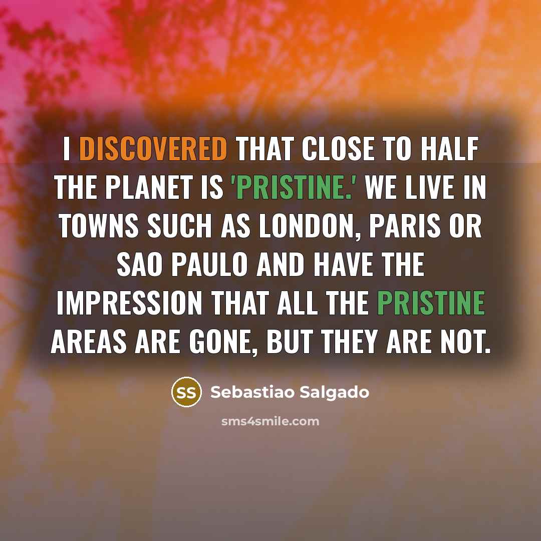 “I discovered that close to half the planet is 'pristine.' We live in towns such as London, Paris or Sao Paulo and have the impression that all the pristine areas are gone, but they are not.” quote by Sebastiao Salgado