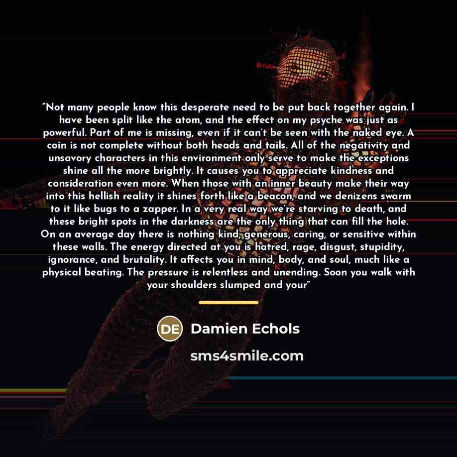“Not many people know this desperate need to be put back together again. I have been split like the atom, and the effect on my psyche was just as powerful. Part of me is missing, even if it can’t be seen with the naked eye. A coin is not complete without both heads and tails. All of the negativity…” quote by Damien Echols