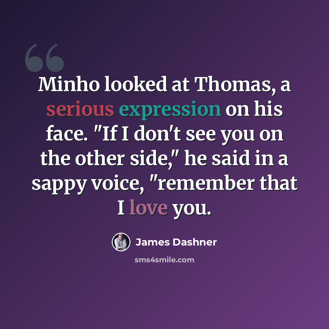 “Minho looked at Thomas, a serious expression on his face. "If I don't see you on the other side," he said in a sappy voice, "remember that I love you.” quote by James Dashner